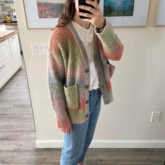 BlankNYC Orange Striped Cardigan Sweater XS Oversized Fuzzy Grandpa V-Neck $88 - Picture 4 of 11